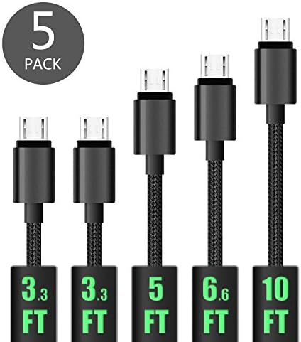 Micro USB Cable, YUELAN [5-Pack,3.3/5/6.6/10ft] Nylon Braided USB Cable High Speed USB 2.0 A Male To Micro B Sync and Charging Cable for Samsung, Nexus, LG, Motorola, Android Smartphones And More