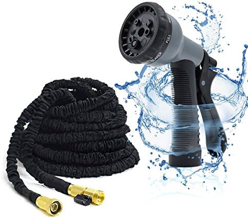 Black 50FT Stronger Double Latex Inner Tube Prevent Leaking Strongest Expandable Solid Brass (With Valve) Garden Hose with Extra Strength Fabric and Professional Spray Gun Tap to Pressure Washer