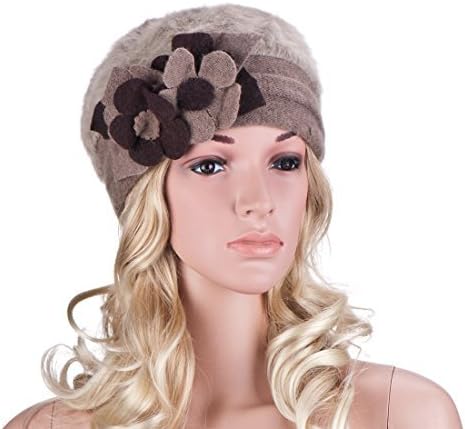 Womens Winter Angola Rabbit Fur Wool Flower Trim Beanie Cap Crochet Hat A036