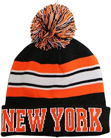 New York Thick Warm Cuffed Beanie Winter Hat Cap with Pom and Stripes One Size Adult Dark Gray/Neon Orange