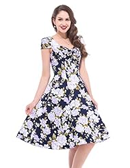 V-neck Ruched Vintage Cotton Knee Length Floral Print Spring Short Sleeves Party Dress 
