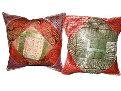 2 Hot Red Olive Zari Borders Toss Pillow Cushion Covers 16"