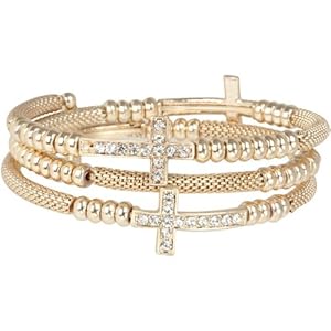 Heirloom Finds Crystal Sideways Cross Coil Wrap Bracelet of Gold Tone Mesh