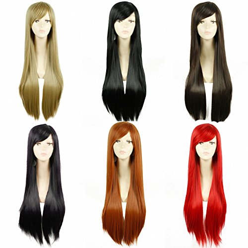 Feshfen Cosplay Wig 80cm Long Section of Straight Hair Cosplay Wig Repair Face Black 31 Inch