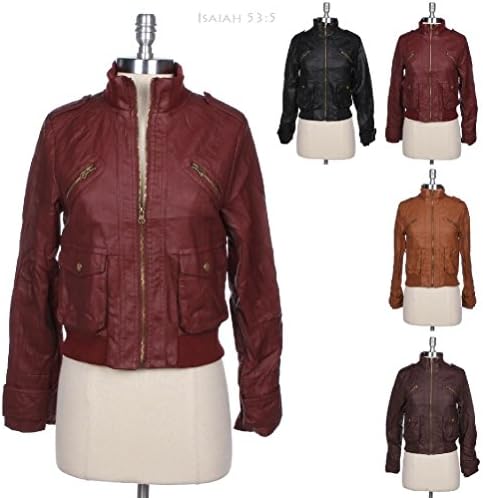 Faux Leather Full Zip Pu Bomber Motorcycle Rider Jacket Front Flap Pocket Ribbed