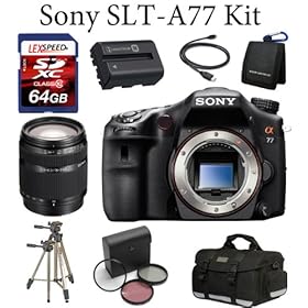 Sony A77 24.3 MP Translucent Mirror Digital SLR (Body) + SAL18200 DT 18-200mm f/3.5-6.3 High Magnification Zoom Lens + Camera Case + Spare NPFM500H Li-Ion Battery Pack + 64GB Memory Card + Professional Tripod + Card Reader + Filter Kit