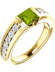 14K Yellow Gold 5.00x5.00mm Princess Cut Peridot and Diamond Ring -- LIFETIME WARRANTY