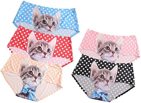 KIKIQIA Women's 3D Cat Printed Dot Seamless Briefs Anti-exposure Hipster Panties (pack of 5b)