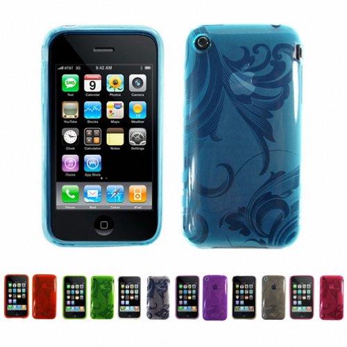 BABY BLUE Apple iPhone 3G 3Gs 8GB 16GB 32GB FLORAL Transparent Jelly Silicone Skin Case Cover + Free Screen Protector (Many Colors Available)