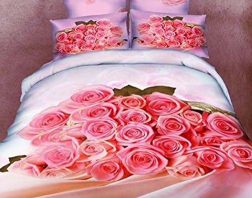 Spring Flash Sale 50% OFF, Romantic 3D Printed Pink Roses from Touch New York, 4-Piece Bedding Set, 100% Soft Cotton, Full &amp; Queen Size.