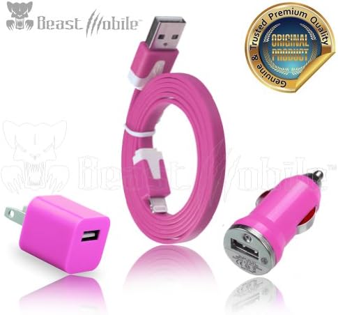 Premium Mobile 3 in 1 Charging Kit with 1 Amp 5 Watt Made for iPhone 5 / 5s/ 5c Lightning to USB Charge/Sync Cable, Mini Wall and Car Charger Pink