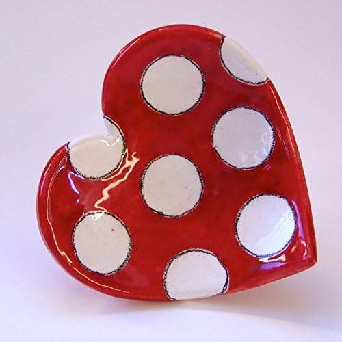 Red polka-dot pottery Heart Dish, candleholder, soap dish, ring dish