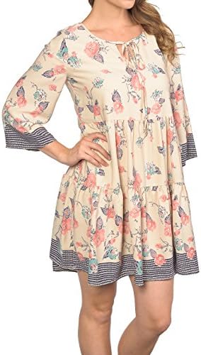3/4 SLEEVE WOVEN TIERED DRESS, FLORAL FIT AND FLARED FROCK WITH SPAGHETTI NECK TIE X3R001 Medium TAUPE