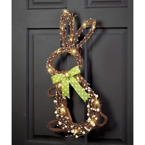 Whimsical Country Grapevine Twigs Decorative 25 LED Lighted Cordless Battery Operated Easter Bunny Springtime Door Hanging Wreath Wall Decor Clear Lights Green Polka Dot Bow Tie Adorable Spring Home Accent Decoration
