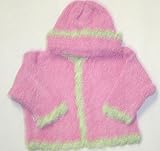 Ck7, Knitted on Hand Knitting Machine Fushia Chenille Finished By Hand Crochet with Mint Chenille Pecot Edges Cardigan Hat Set