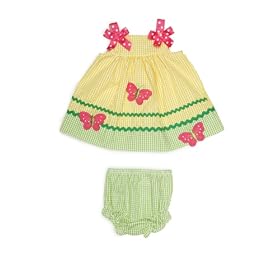 Rare Editions Baby Girls Yellow Lime Green Seersucker Dress with Fuchsia Butterflies-9 months