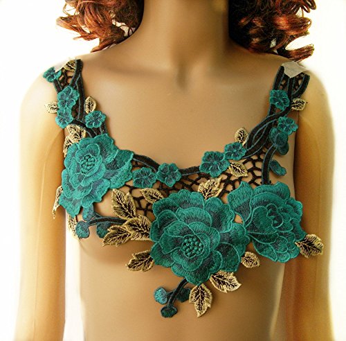Teal Tone Rose Embroidered Lace Ribbon Trim Neckline Collar Applique Patch Scrapbooking Embossed Sewing Supplies 1 Piece/t1375