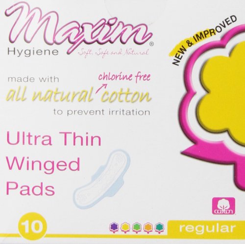 Maxim Ultra Thin, Winged, Chlorinie Free, Hypoallergenic Pads, Daytime, 10 Count Box