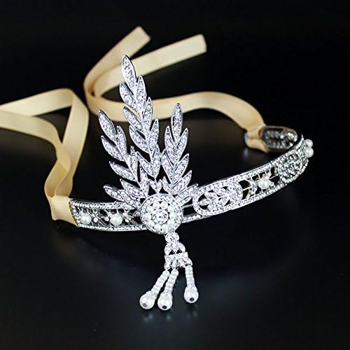 Tahity® Bling Silver-Tone The Great Gatsby Inspired Leaf Simulated Pearl Headband Hair Tiara Bridal Headdress Crown Wedding Accessories