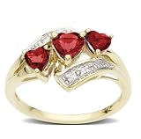 10k Yellow Gold Created Heart Shaped 3-Stone Ruby Ring