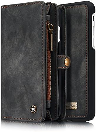 iPhone 7 Case,iPhone 7 Leather Wallet Case,NERVX Cowhide Leather Wallet Cover Case,[Zipper Wallet] Detachable Magnetic Hard Case,14 Card Slots for iPhone 7 (Dark grey)