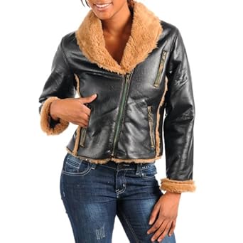 Black Faux Leather Vintage Style Bomber Faux Fur Lined Jacket