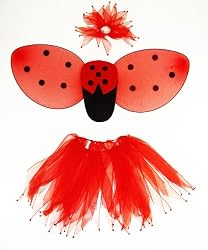 Girls Ladybug Wings Costume Set with Tutu, Wings, Antennas, Hair Tie And