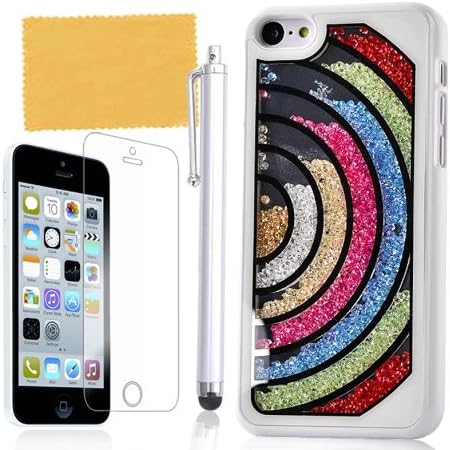 Tradekmk(TM) Unique White Frame Crystal Rhinestones Hard Back Case Cover Protector Fit For iPhone 5C(Circles Pattern), with Stylus Pen,Screen Protector and Cleaning Cloth