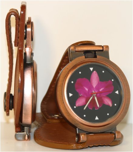 Images By ChrisC Watches, Hot Pink Cattleytonia Orchid - Brown Leather/Bronze Finish Convertible Belt - Loop Watch, Womens Watches, Womens Images By ChrisC Watches