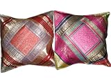 Home Decor-2 Red Pink Brocade Cushion Cover Vintage Silk Sari Zari Borders Pillow Case 16