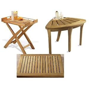 New Grade A Teak 3 Pc Accessory Set: Corner Stool, Butler Tray and Floor Mat by WholesaleTeak