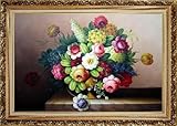 IMAGE OF Coloful Flowers on Table Oil Painting, with Ornate Antique Dark Gold Wood Frame 30 x 42 inches