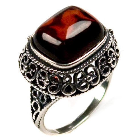 Natural Cherry Amber and Sterling Silver Filigree Ring