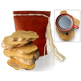 5 Kona Coffee Wood Coasters in Polynesian Kapa Bag
