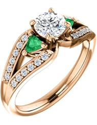 18K Rose Gold Round Cut Diamond and Emerald Ring -- LIFETIME WARRANTY