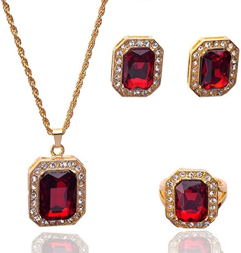 Julycoffee 18k Gold Plated Square Red Necklace Earrings Ring Jewelry Set for Vogue Girls B108
