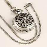 New Ladies Stainless Steel Case White Dial Black Pattern Front Necklace Pendant Pocket Watch