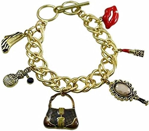 Chunky Ladies Charm Bracelet Mirror Purse Perfume Lipstick Heel BE2 Gold Tone