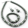 Dark Green Faux Pearl Necklace Bracelet and Earrings Jewelry Set