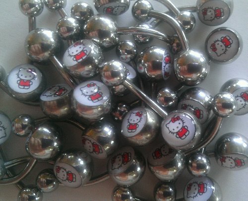 White Hello Kitty Belly Button Naval Ring, Cute & Sexy; 14G - 10 MM Bar- 5 Mm Ball 316: LOW SHIPPING; Stainless Steel Hypoallergenic