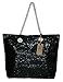 Metallic Fashion Beach Bag Tote with Zipper Top, Rope Handles, and Matching Pouch (Black with Metallic Silver)