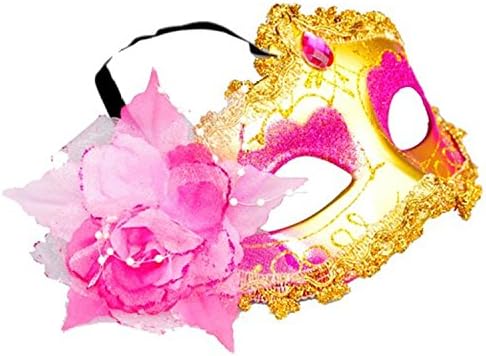 Venetian Style Silver Eye Costume Masquerade Mardi Mask (Beads Rose Pink Gold)