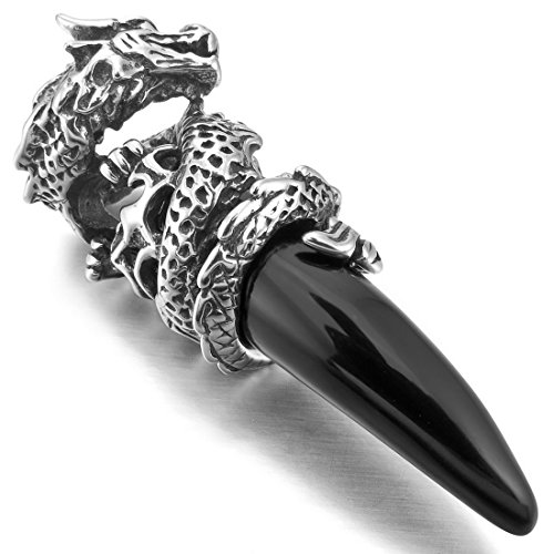 Men's Stainless Steel Pendant Necklace Crystal Silver Black Dragon Wolf Tooth Tribal -with 23 inch Chain