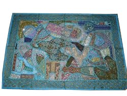 Dodger Blue Bead Mirror Vintage Decor Sari Tapestry Wall Hanging Throw 60x40