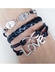 Cool Silver/black Infinity Love Owl Design Rope Charms Leather Bracelet Bangle Hemp Wrap