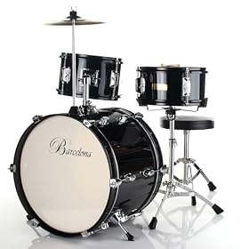 Barcelona Three-Piece 16-Inch Kid's Drum Set with Seat, Cymbal, and Sticks - Black