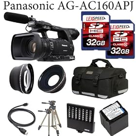 Panasonic AG-AC160APJ AVCCAM HD Hand-Held Camcorder + Panasonic Spare VW-VBG6 Battery Pack + Two 32GB Memory Cards + 0.45X Wide Angle Lens + 2x Telephoto Lens + Case + Tripod + Led Light + Travel charger + UV + CPL FILTER
