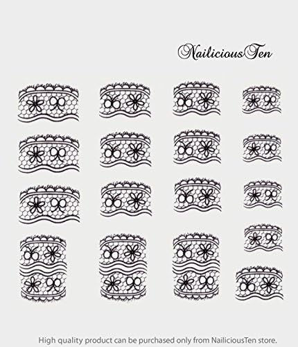 Gorgeous Black Lace with Bow & Daisy Nail Wraps Art Water Transfer Decal 17pcs by NailiciousTen - ST8066