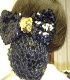 Sn31, Hand Crocheted Black Metallic Gimp Dress Snood with Gold Sequin Wrap Black Sequin Bow for Women and Teens