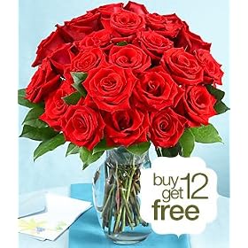 Flowers - Dozen Red Roses + 12 FREE with Vase